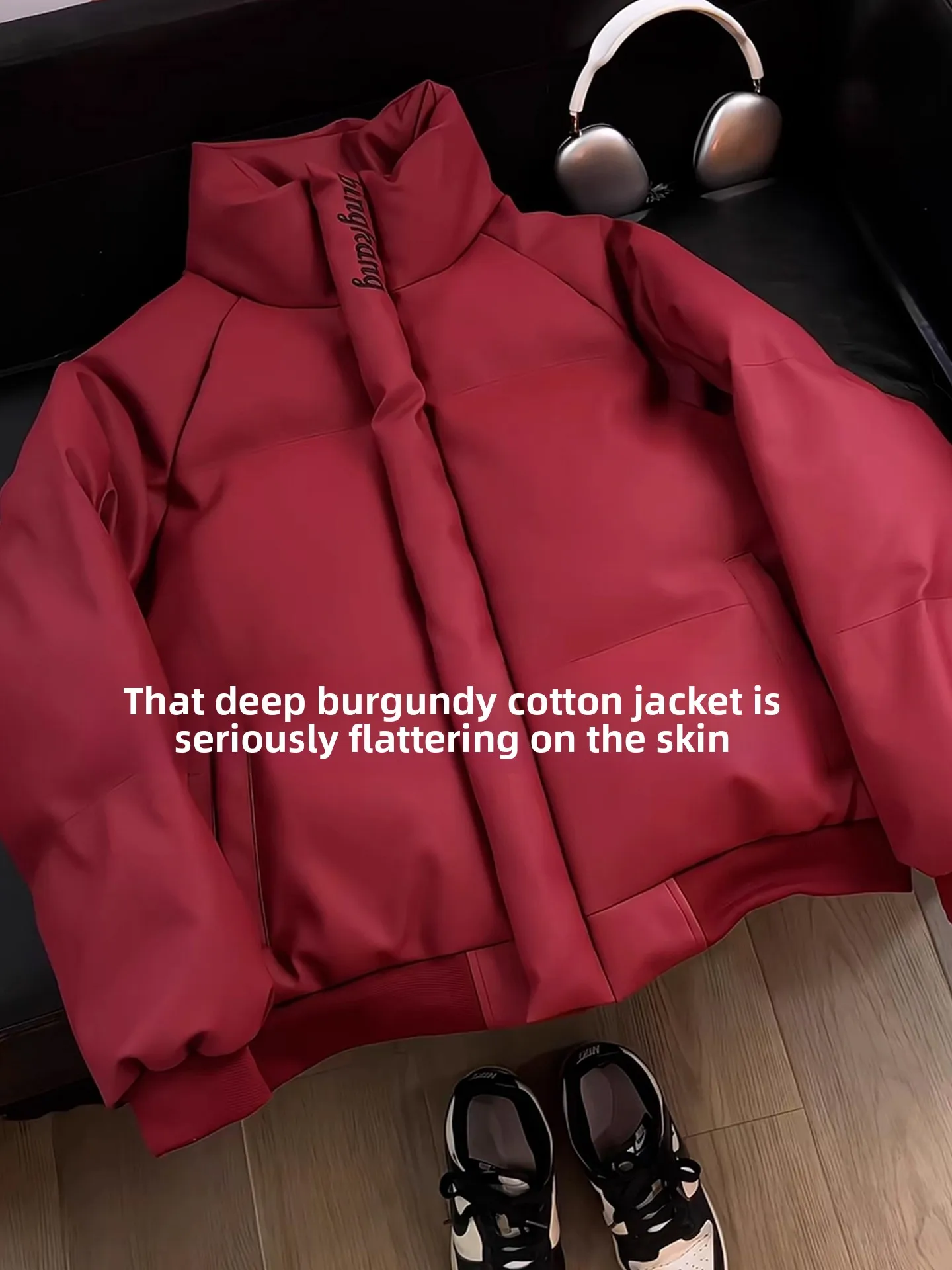 

Red Embroidered PU Leather Thiened Winter Jaet Men's ort Stand Collar Bread Sle Cotton Coat Warm Casual Long Sve