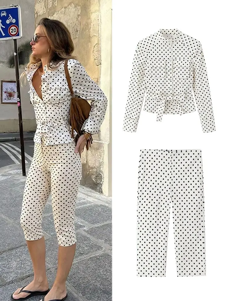 HH Damen Elegantes Polka-Dot 2-Teiliges Set Langarm-Jacke mit Gürtel O-Ausschnitt Knopfmantel Schlanke Kurze Hose Frühjahrstrend Streetwear