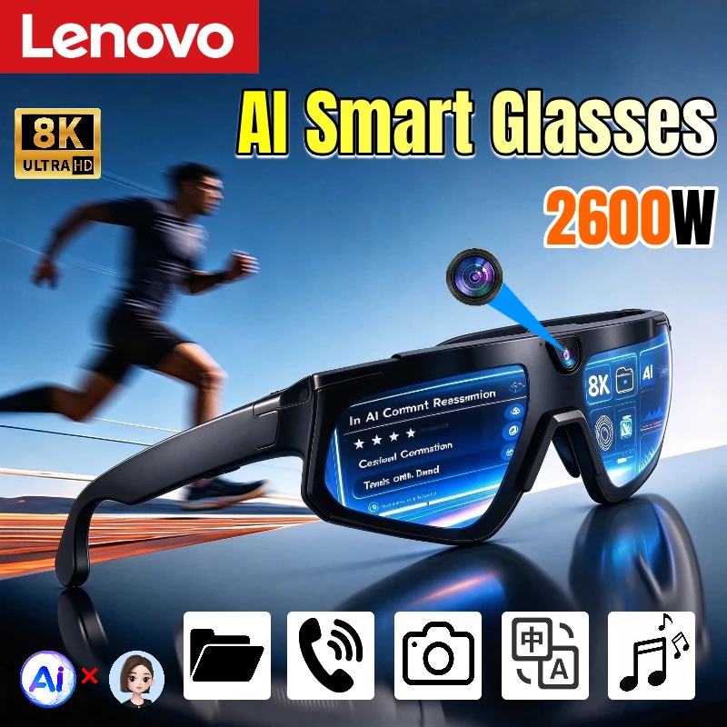 Lenovo New Upgrade AI Smart Glasses 2600W Camera Anti-shake Cycling Video&Photo Sport Sunglasses DualMic 32GB Windproof Goggles