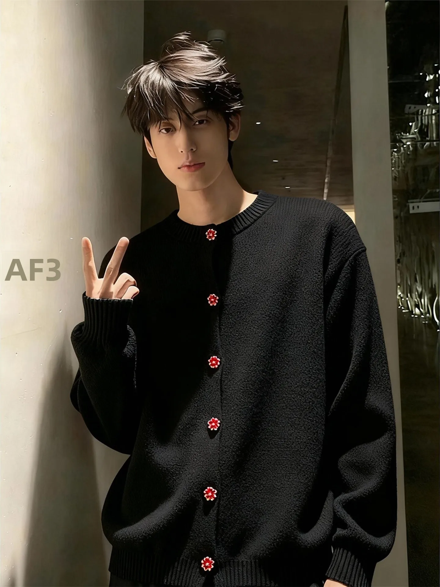 

Мужской кардиган Bla Flower Core на пуговицах, свободный крой, осенне-зимний, в корейском стиле, вязаный, Cleanfit Jaet