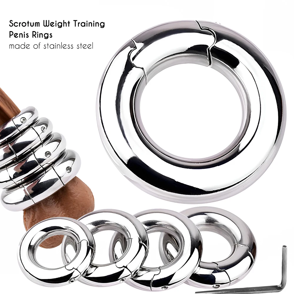 FRRK Stainless Steel Ball Stretcher Lock Testicle Ring Scrotum Squeeze Rings Penis Restraint Weight Training Sex Toys for Men