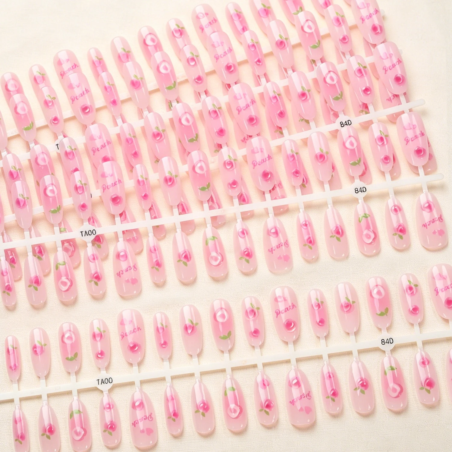 150 Uñas Postizas Color Rosa Melocotón, Diseños 3D de Melocotón y Hojas, Uñas Postizas Almendradas con Acabado Brillante Tipo Gelatina para Uso Diario*