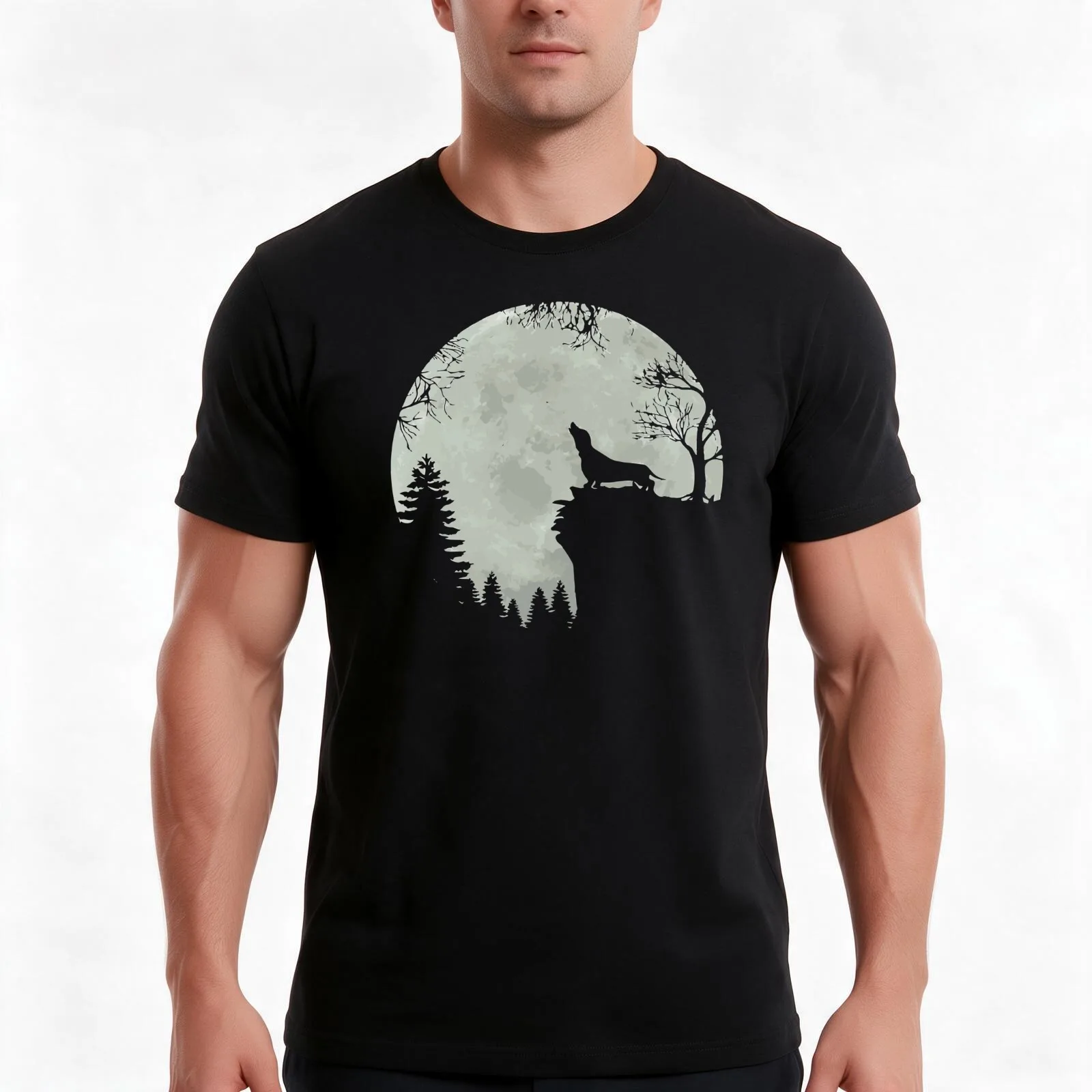 Funny Howling Dachshund Full Moon Wiener Dog. T-Shirt Summer Casual Cotton Tee, Unisex Men Women