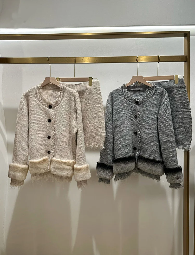 New Autumn Knitted Sweater Real Fox Fur Stripe Pullover With Skirt Suit Loose Coat Outwear Female Luxury Jacket