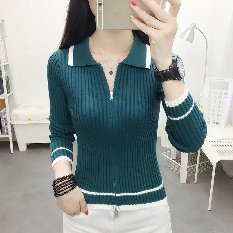 Autumn Spring Style Women Knitted Pullover Tops Lady Casual Zipper V-Neck Knitted Pullover Sweater ZZ0972