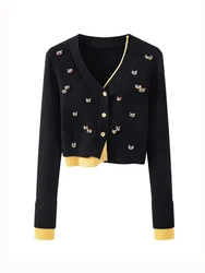 Autumn Winter Beading Cardigan Sweaters For Women V Neck Knitting Tops Loose Sleeve Knitwears Jersey Mujer Yellow 2025 New C-028