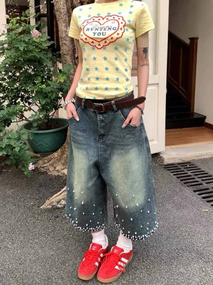 

Sweet Cool Pearl Decorated Loose Fit Seven Inch Denim Jeans Women's Summer Wide Leg Pants Lazy Style Hot Shorts High Waist