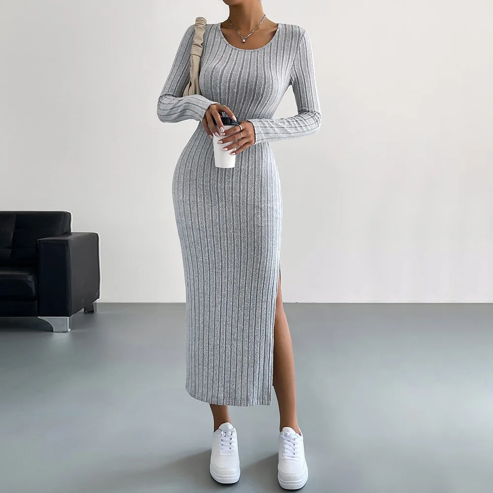 Women's Dresses Autumn French Plain Stripe Split Long Sleeve Scoop Neck Bodycon Full Length Maxi Casual Dresses