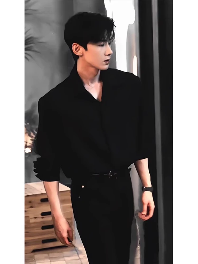 

White Long Sve irt Men's Wildern Sle Inner Wear High End Feeling Haome Outerwear Polyester Fiber Spring Season