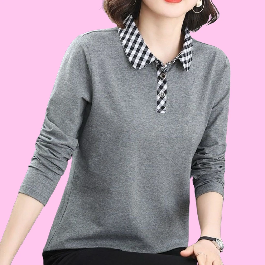 Mom's Long Sleeve Plaid Base Shirt Spring Autumn  Shirt Classic Commute Style Loose Fit Polyester Fabric Henry Collar Design