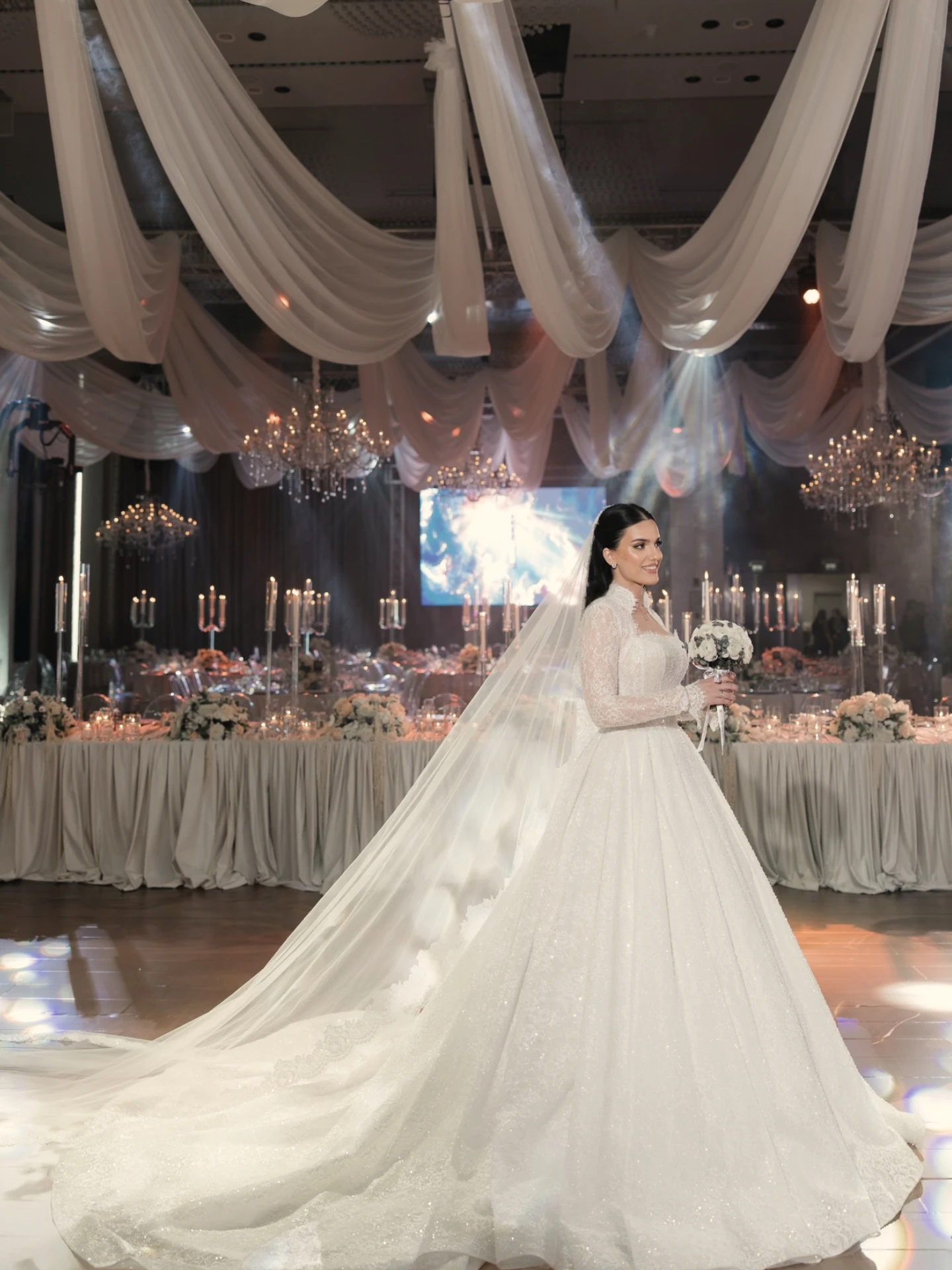 

Customized Luxury Lace Ball Gown Wedding Dress Boat Neck Long Sleeve Beaded Bridal Gown Veil & Cathedral Train Vestido De Novia