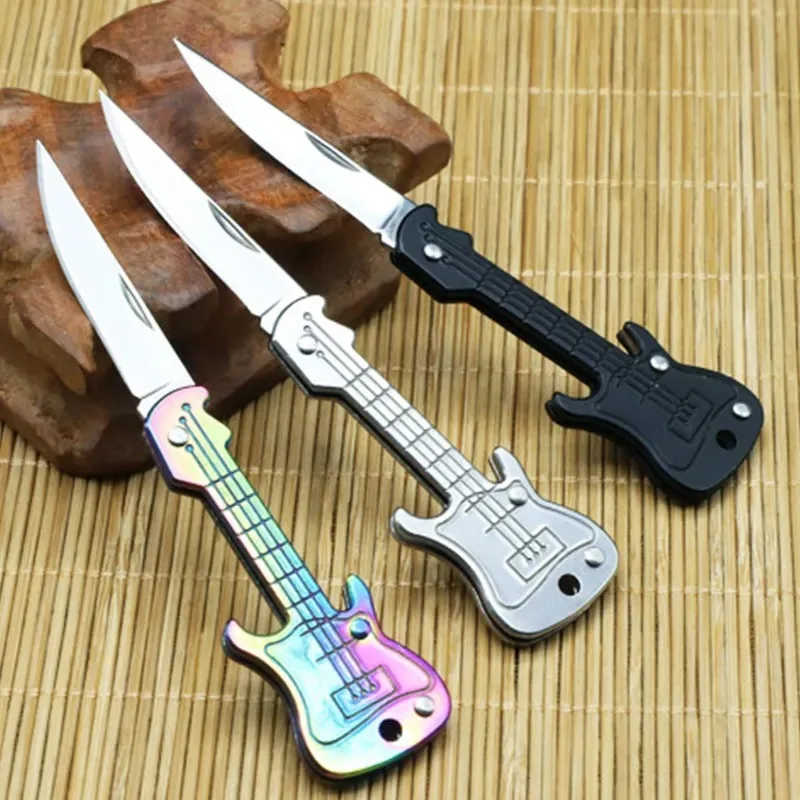 Mini faca dobrável de aço inoxidável em formato de guitarra, ferramenta portátil de chaveiro de autodefesa para uso doméstico
