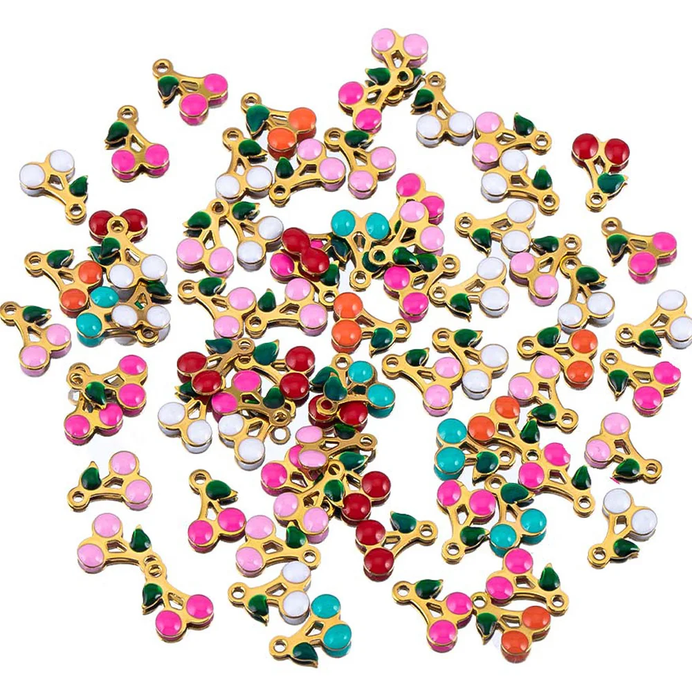 5pcs 20pcs 50pcs 10x7mm Stainless Steel Enamel Cherry Cherries Charms Necklace Pear Pendant DIY Jewelry Making Material Findings
