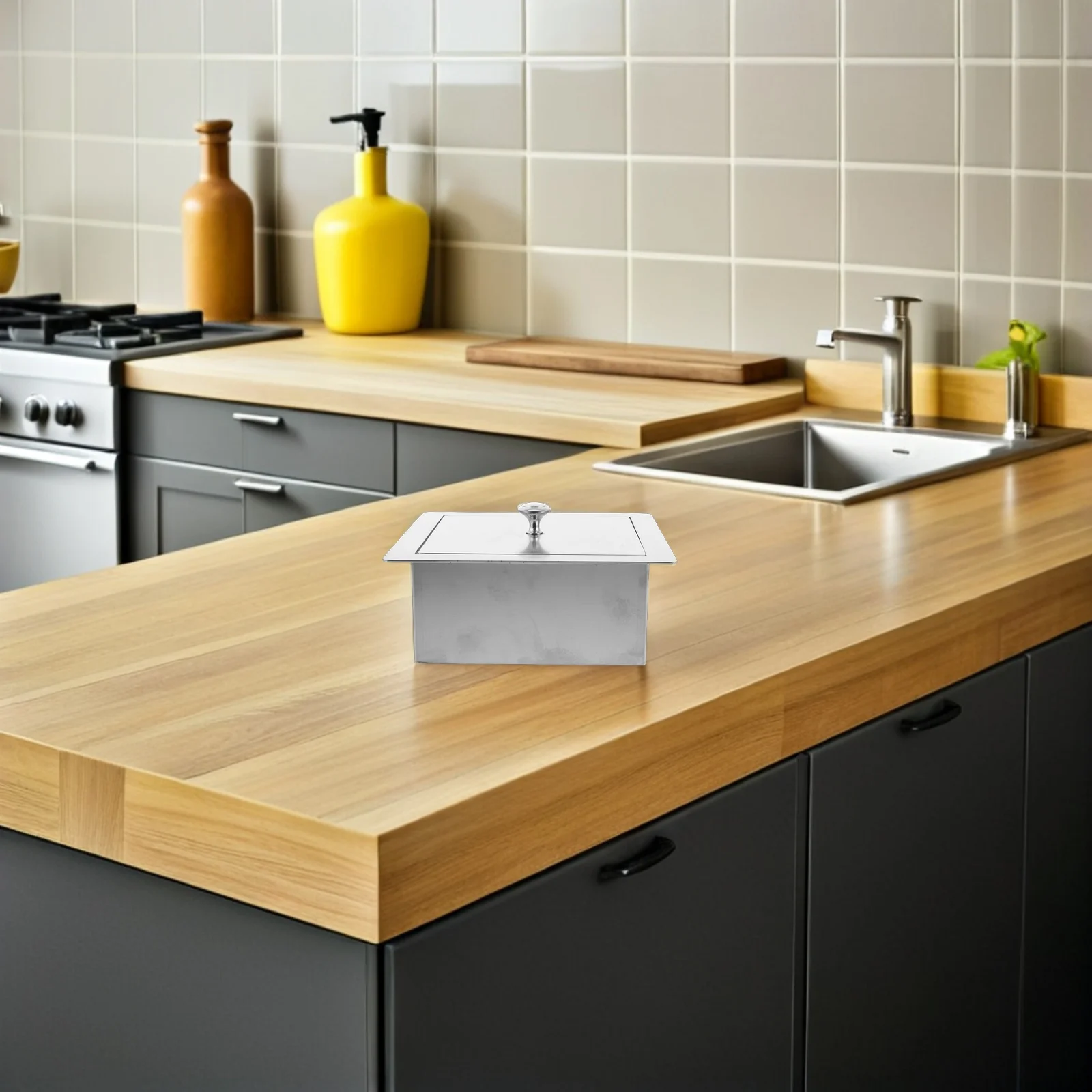 

Recessed Trash Can Lid: Stainless Steel Countertop Embedded Bin Cover with Flush-Mount Swing Top for Kitchen Bathroom Office