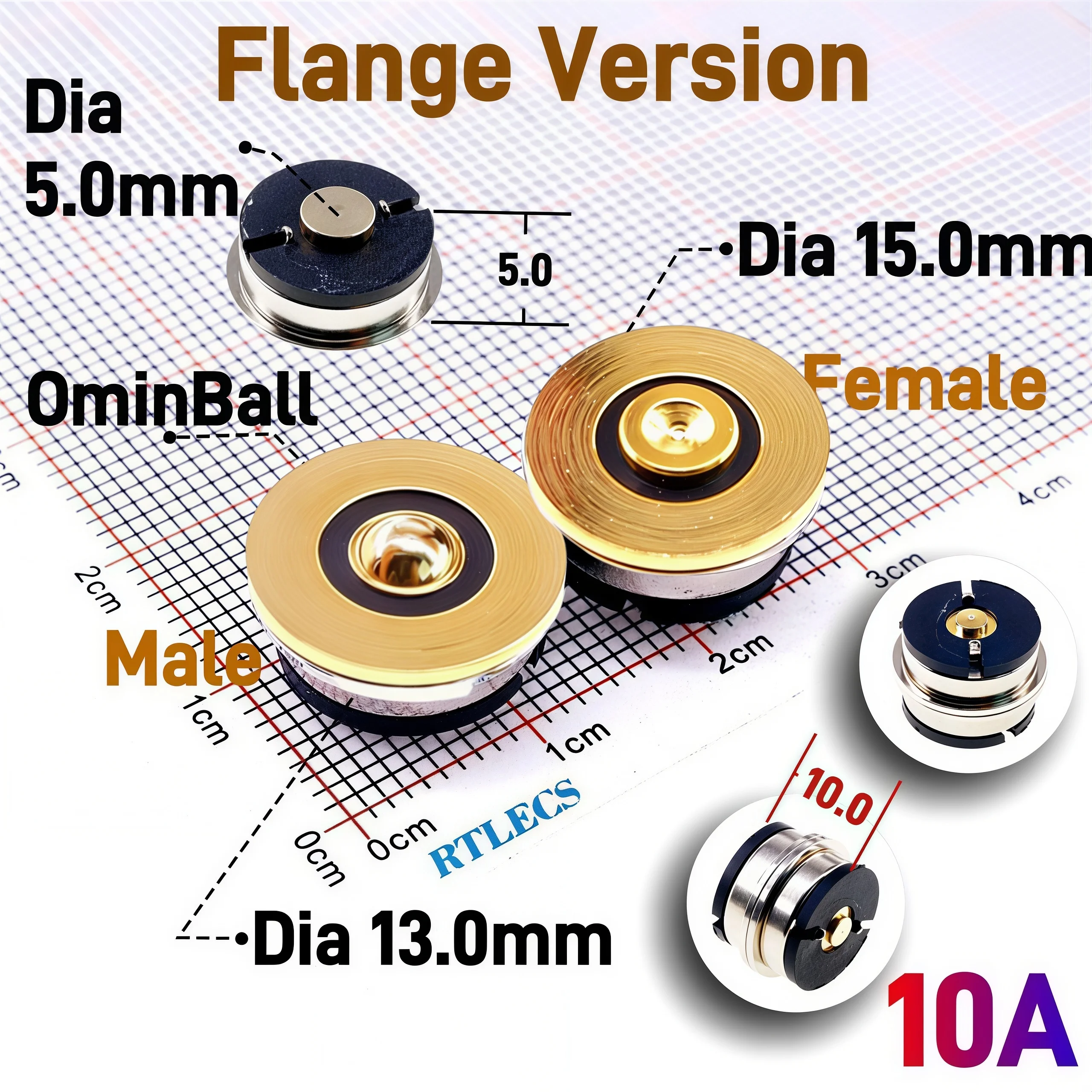 Magnetischer runder Pogo-Pin-Stecker, 10 A, männlich, weiblich, Metall, federbelastet, 1-poliges DC-Ladegerät, 16 AWG-Draht, M12-Gewinde, Gold – Detail 3
