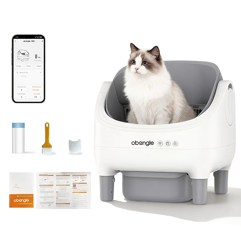 

Obangle Open-Top Self-Cleaning Cat Litter Box, Automatic Cat Litter Box with APP Control, Odor-Free Waste Disposal Includes Trash Bags, Without Battery