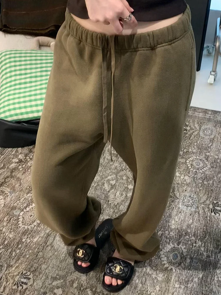 

Уникальные корейские повседневные брюки на флисовой подкладке для женщин, оливковые, с эластичным поясом на шнурке, свободного кроя, удобные, прямые штанины