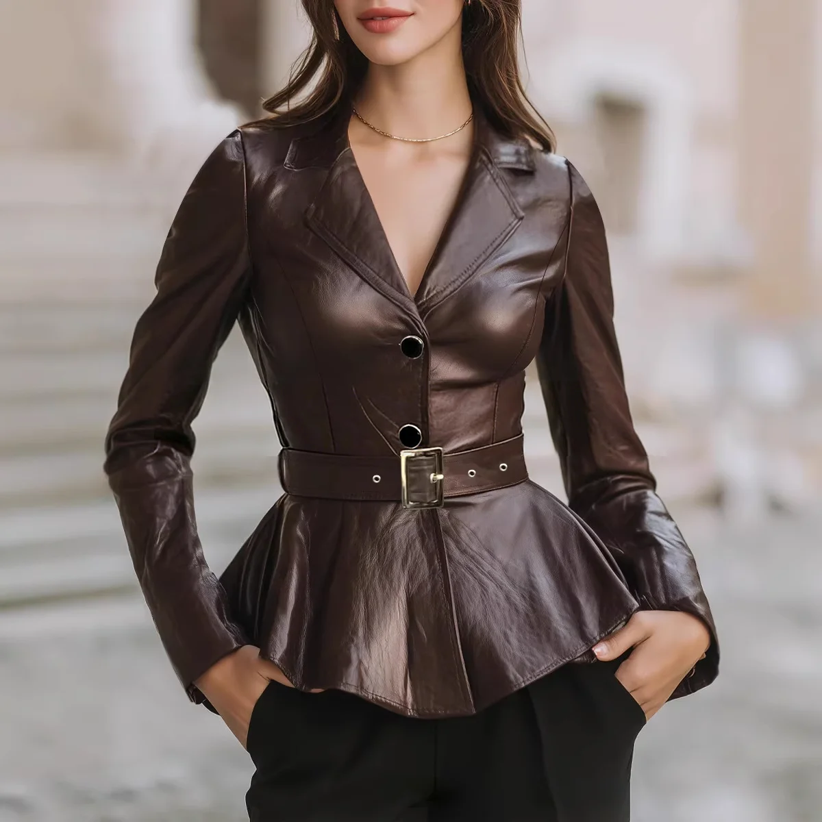 

Европейско-американская женская кожаная куртка с поясом, тонкое короткое пальто со шнуровкой и лацканами, длинными рукавами, 2026, осенний женский уличный блейзер