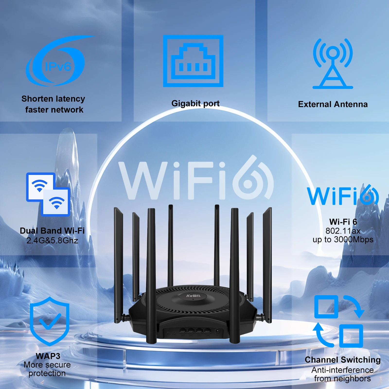 KuWFi 3000Mbps Wireless Router 2.4G 5G Dual Band Wireless WiFi6 Router With 8*5dBi High Gain Antennas WPA3 Support 128 Users