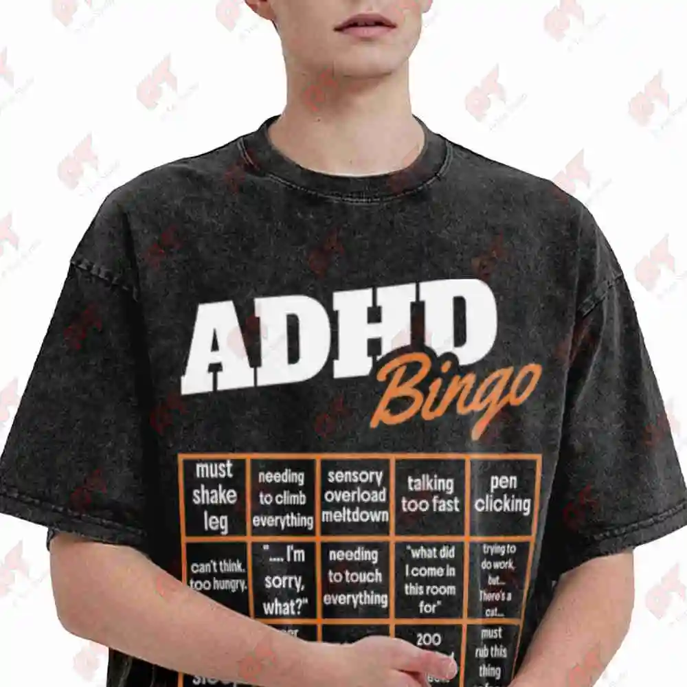 ADHD Bingo Neurodivergent Humor Mental Health Vintage Washed Tee Pure Cotton T-Shirt