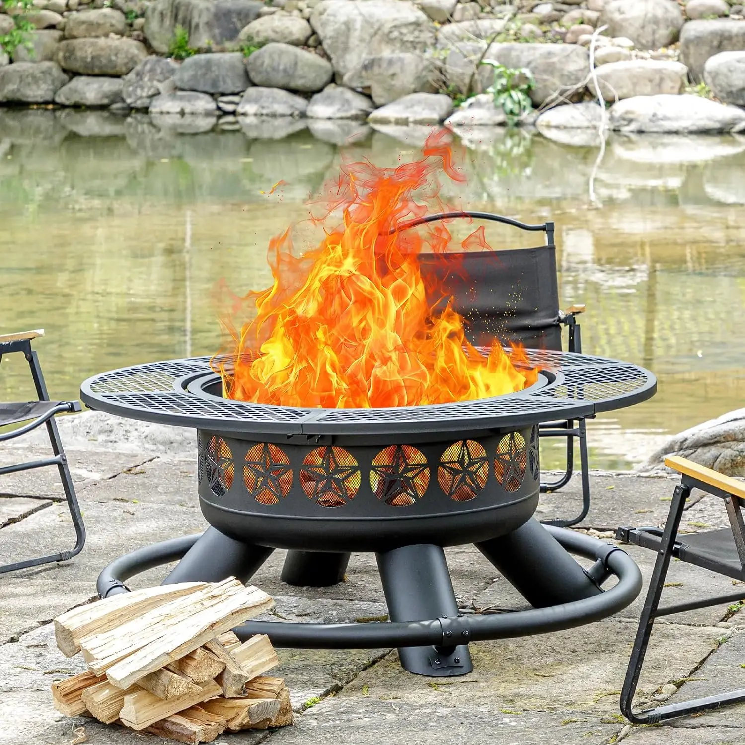 47 Inch Round Metal Fire Pit Table With 2 Grills Wood Burning Firepit With Lid Fire Poker Heavy Duty Outdoor Cooking Station For Backyard Patio Camping Picnic Party Black 1 Pack