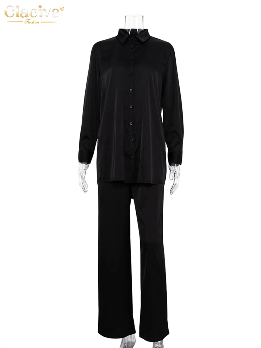 Clacive Fashion Black Wide Trouser Suits Casual Blouse Office Two Piece Set Women