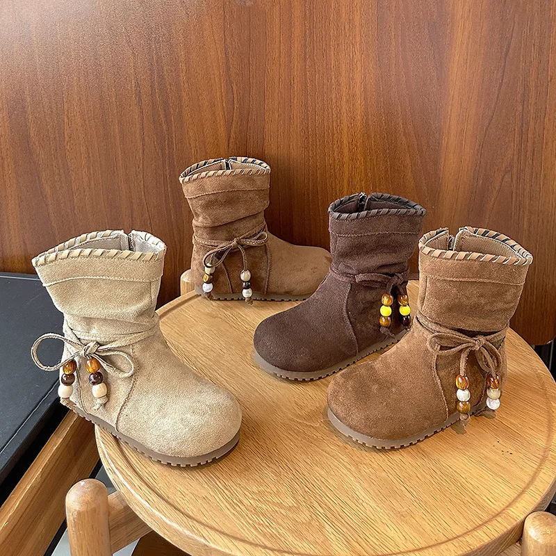 

2025 зимние новые ботинки средней высоты для девочек в стиле ретро, модные кожаные ботинки принцессы с кисточками и бантом, детская обувь на нескользящей подошве, От 3 до 12 лет