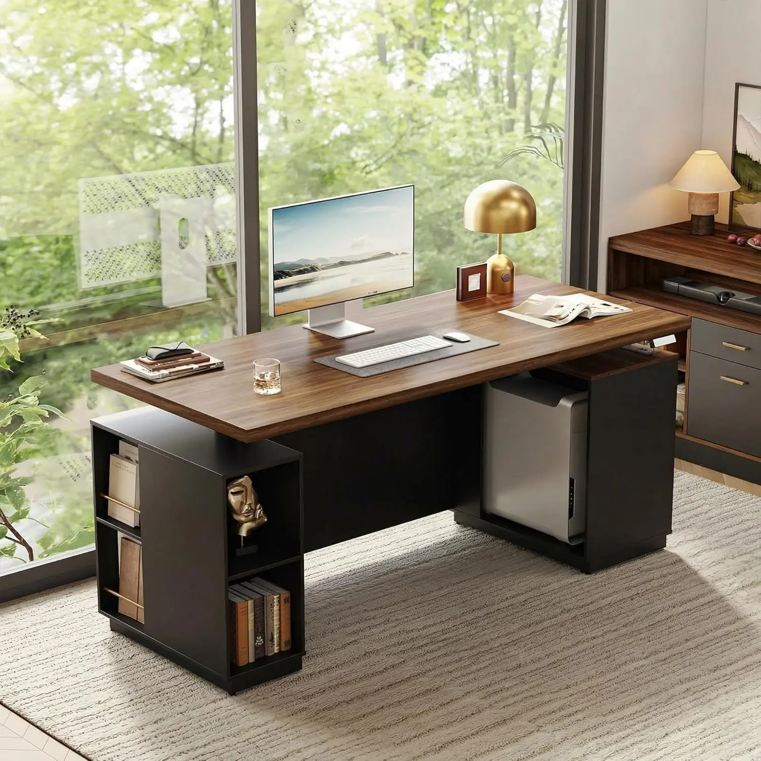 

71" Electric Height Adjustable Standing Desk with Privacy Panel, Charger, Cabinet, Home Office, Walnut, Customized