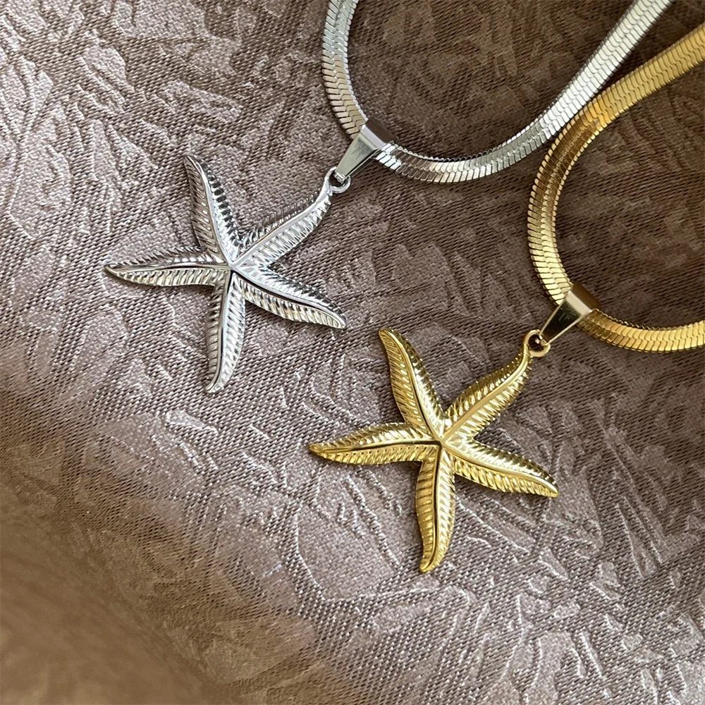 Stainless Steel Exaggerated Boho Metal Big Starfish Star Pendant Choker Necklace Women Summer Punk Snake Blade Chain Y2K Jewelry