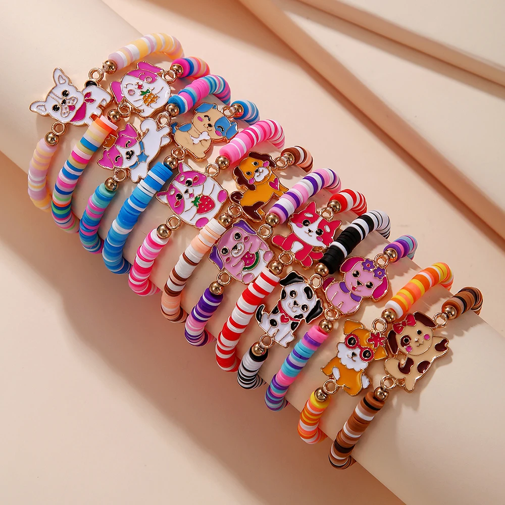 12Pcs Unicorn Cat Flower Charm Elastic Beaded Bracelets Set