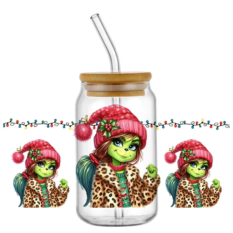 Miniso 3D Christmas Monster Girl Design UV DTF Cup Wrap Sticker for 16oz Libbey Glasses Washable DIY Mug Transfer Sticker