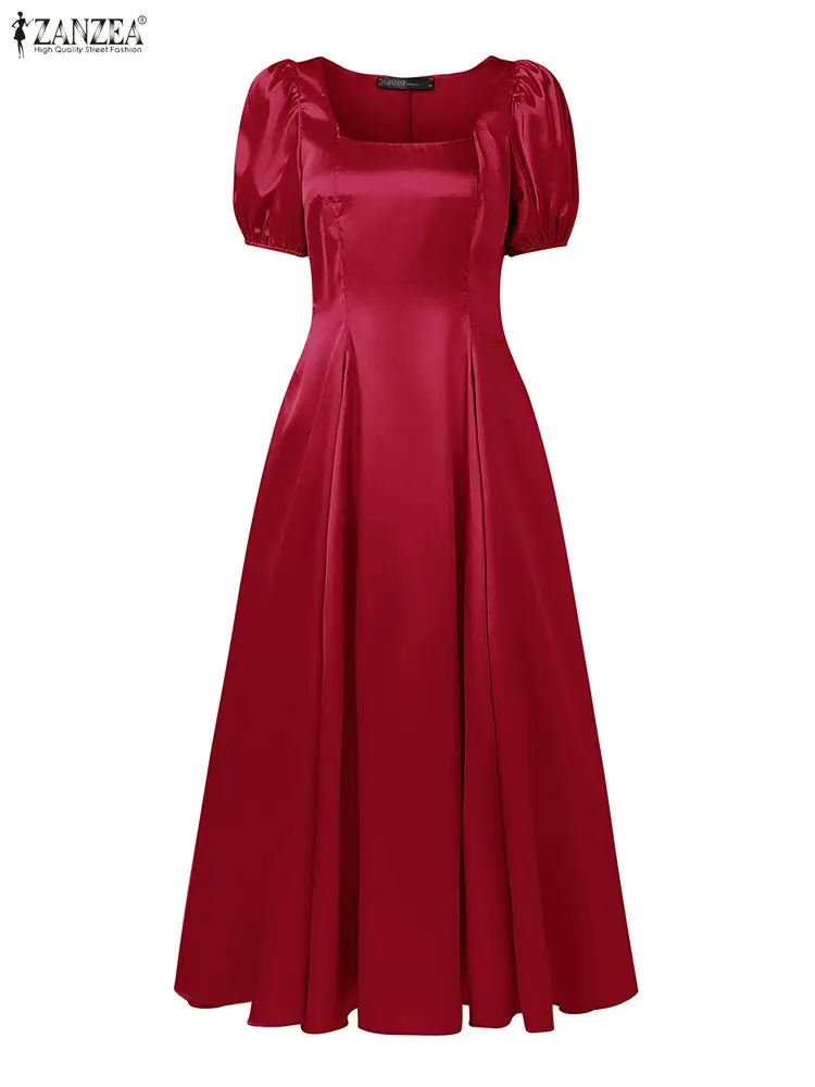 ZANZEA 여성 새틴 웨딩 게스트 파티 롱 드레스 우아하고 세련된 스퀘어 넥 짧은 퍼프 슬리브 피트 허리 A라인 드레스 S-3XL