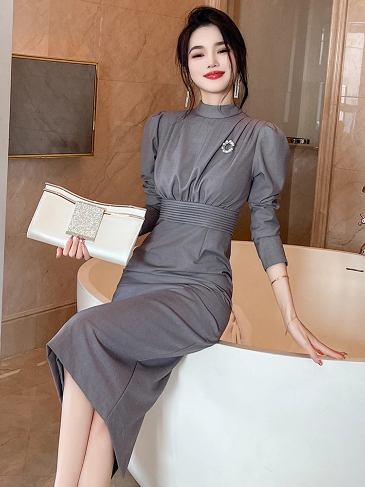 Women\'s Professional Dresses Retro Elegant Bubble Sleeve Pleated High Waist Wrap Hip Slit Midi Robe Femme OL Work Style Vestidos