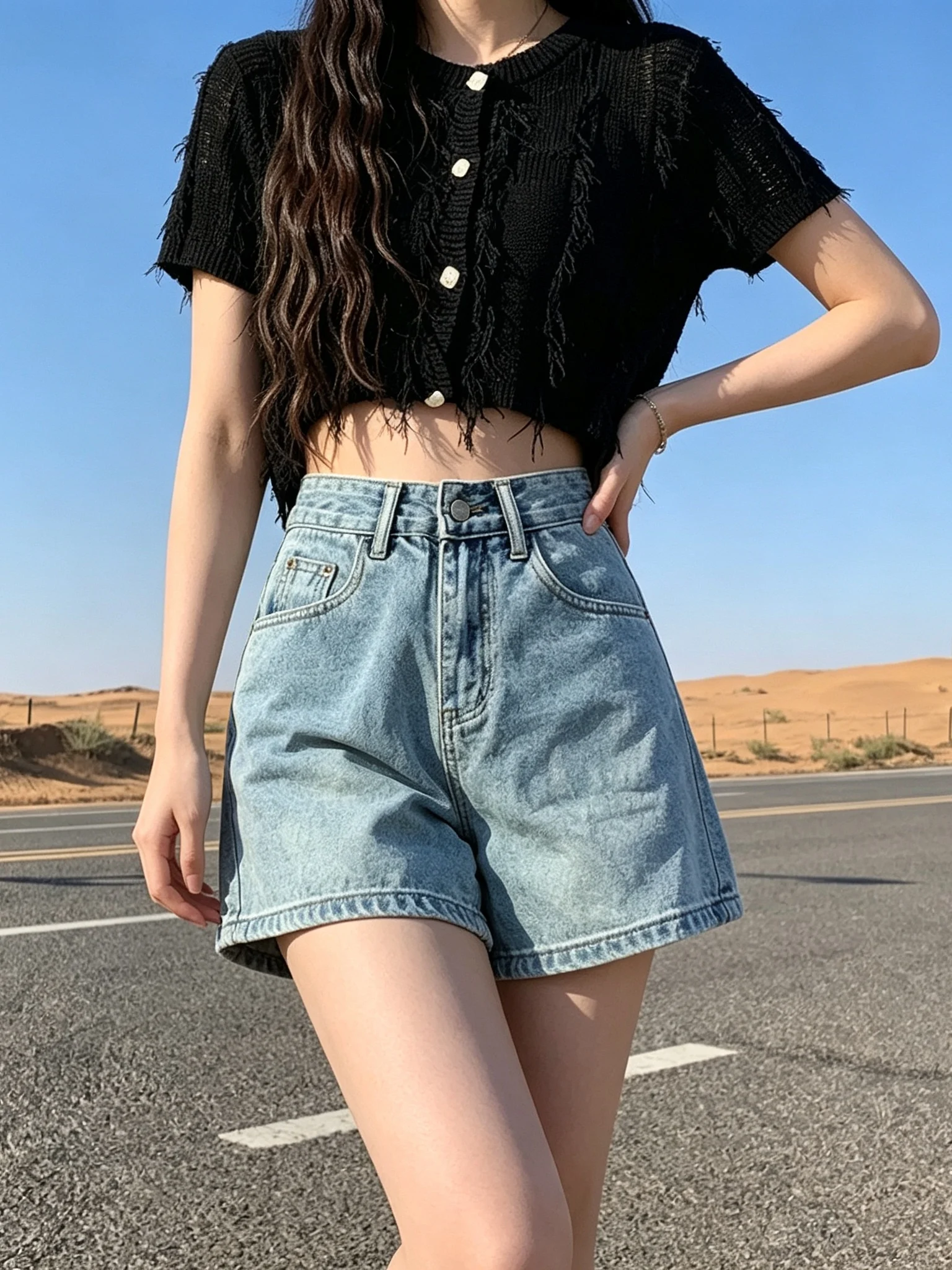 Retro Woven Pocket Faded Denim Shorts High Waist Design Slim A-Line Wide Leg Hot Pants for Women Summer New Style