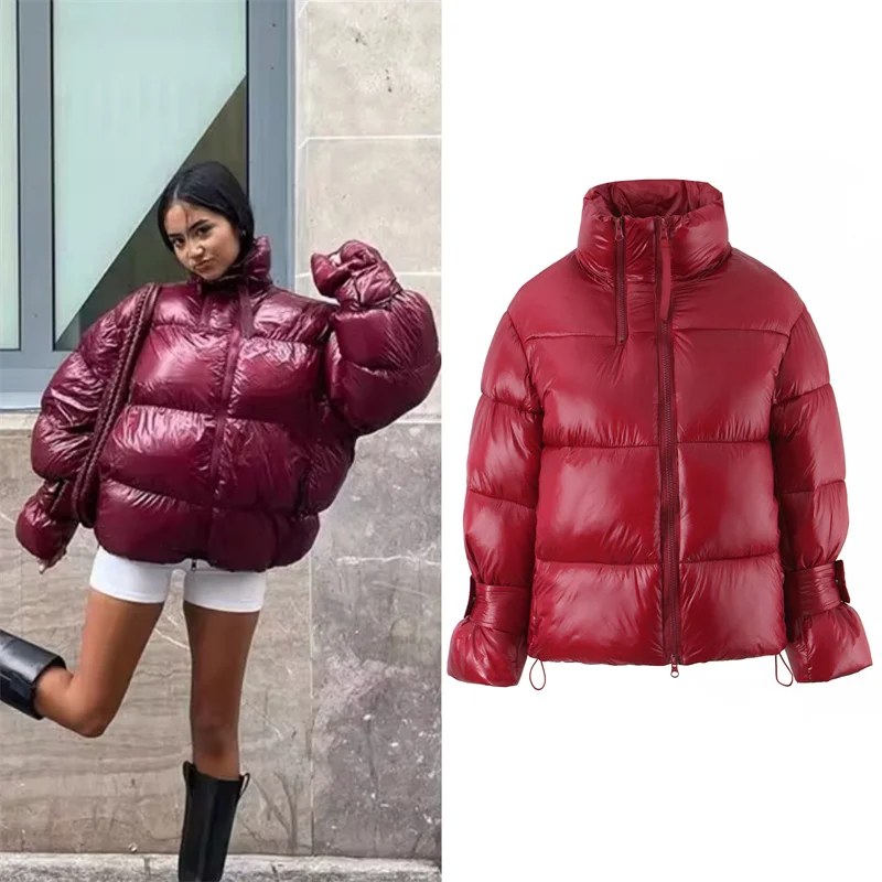 

Женская хлопковая куртка, новинка 2025 года, зимняя стильная красная куртка с длинными рукавами и воротником-стойкой на молнии, декоративное теплое хлопковое пальто, повседневная мода