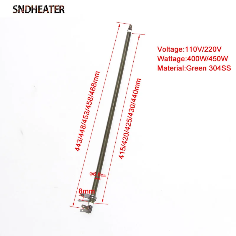 SNDHEATER Hot Air Resistance Heating Element 304SS 6.6mm*443/448/453/458/468mm Dryer Heater Tube 110V/220V 400W/450W 2pcs/lot