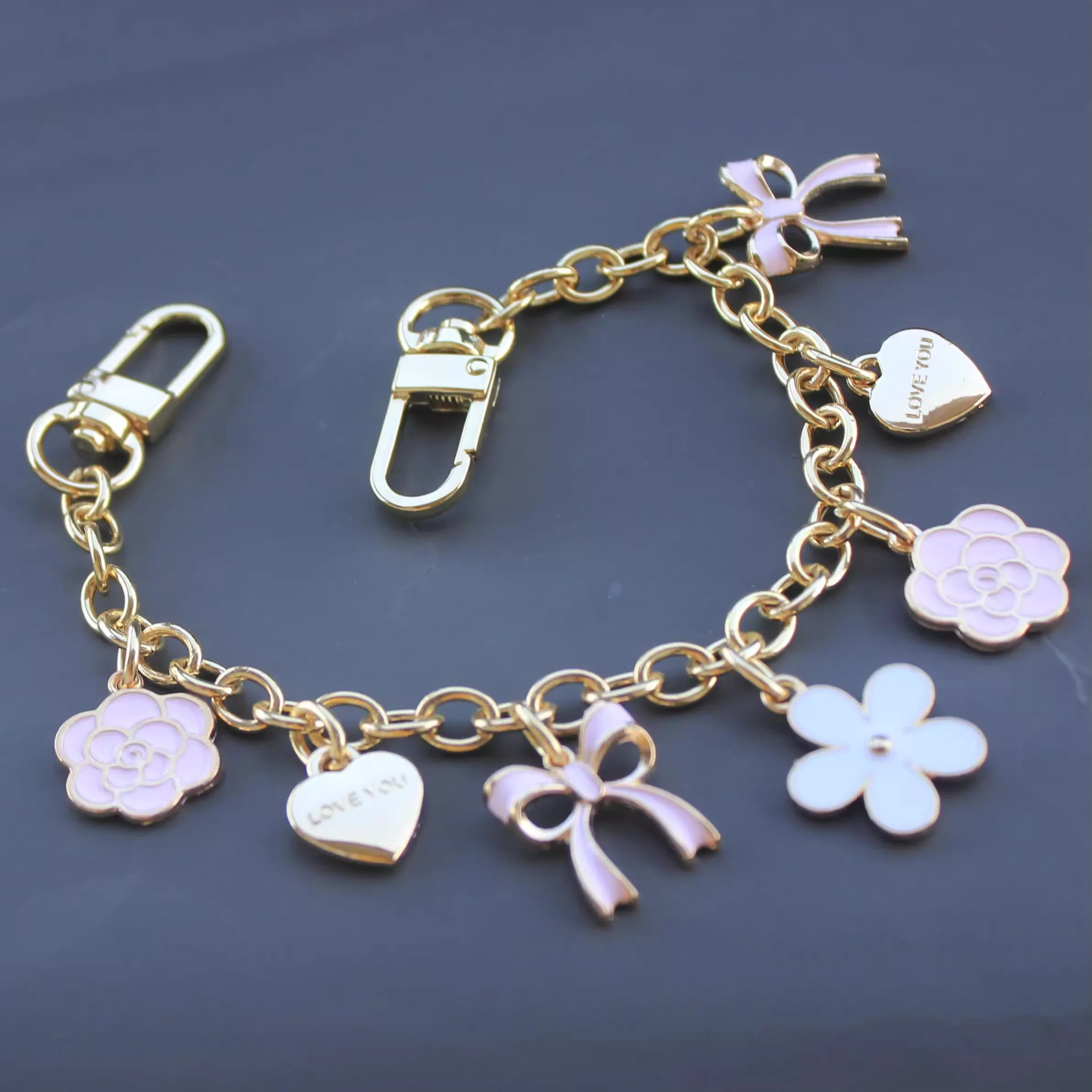 Hand Wrist Strap phone Lanyard golden shinny Metal keychain bag charm decoration bag extended white pink bow heart pendant