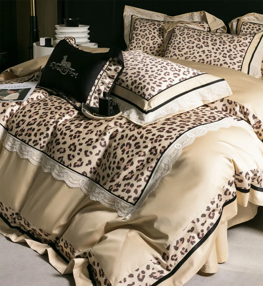 Fashion leopard brown bedding set girl,full queen king classic trend lace cotton home textile bed sheet pillow case quilt cover