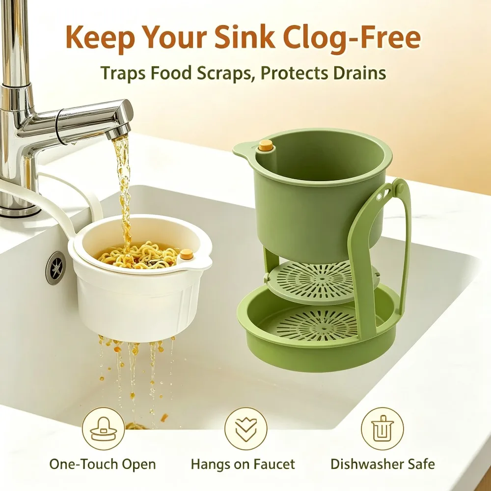 Hanging Sink Drain Basket Faucet Food Strainer, One-Touch Open Lid No Dirty Hands, Fine Mesh Filter Catcher, Easy Clean Tool