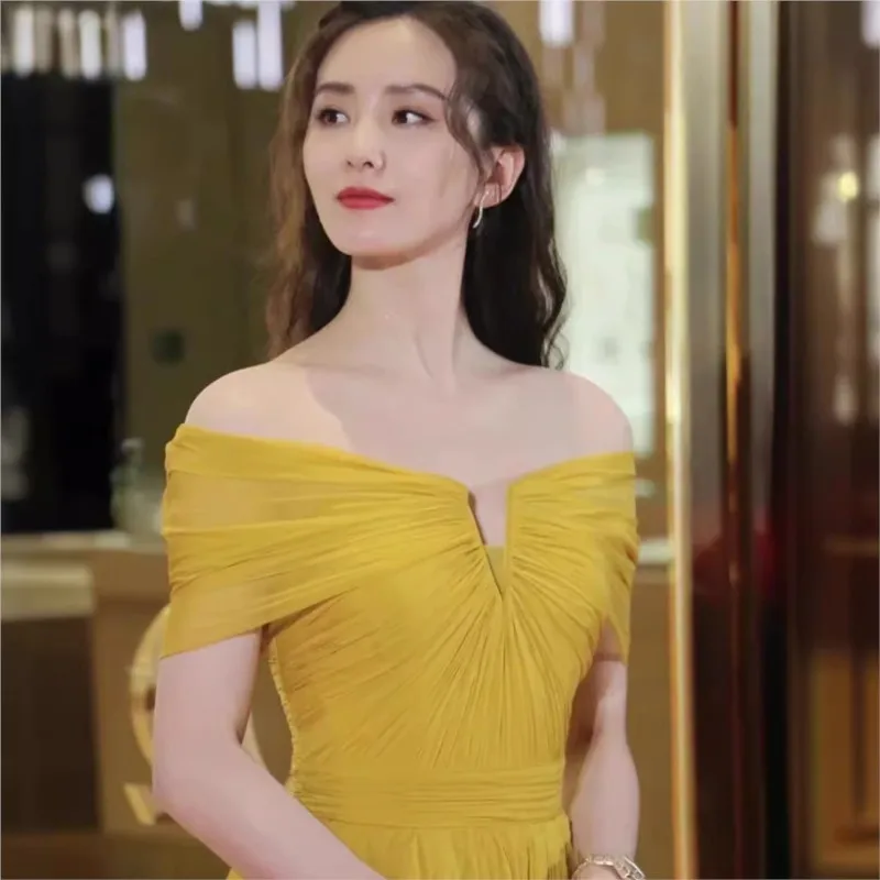 

Golden yellow toasting party fashion show performance host dress