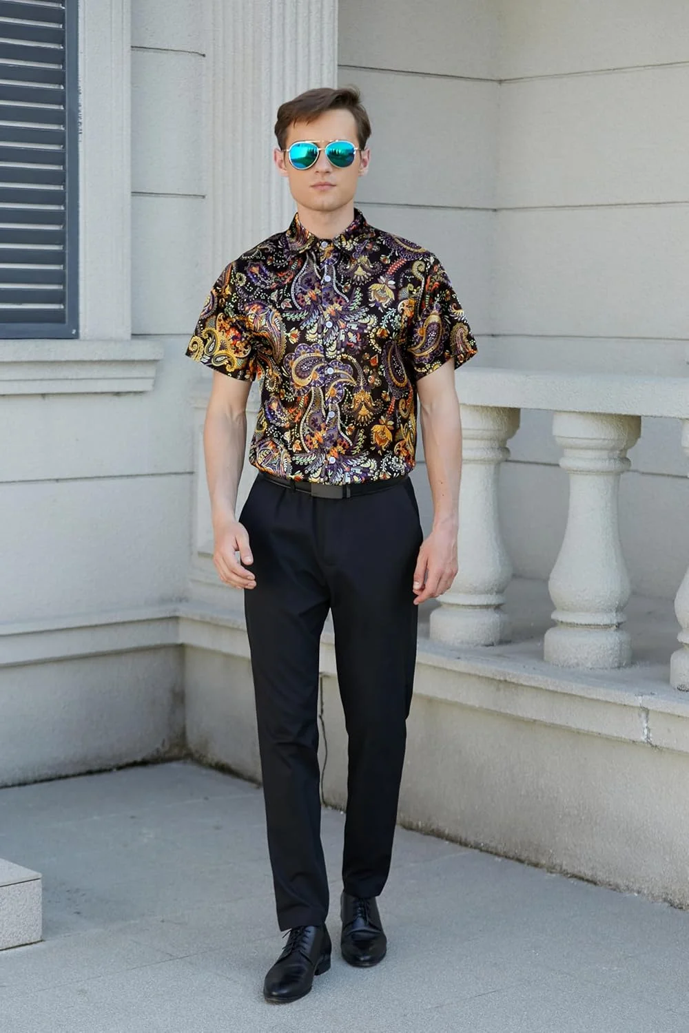 2026 Men's Luxury Smooth Silk-Textured Polyester Short-Sleeve Shirt Colorful Printed Blouse Festival Performance Party Gift