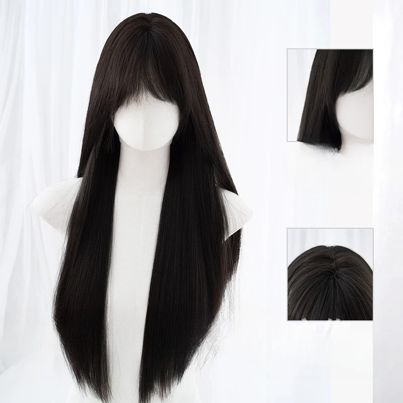 

Wig women's daily natural long straight hair realistic temperament Qi bangs full head wig
