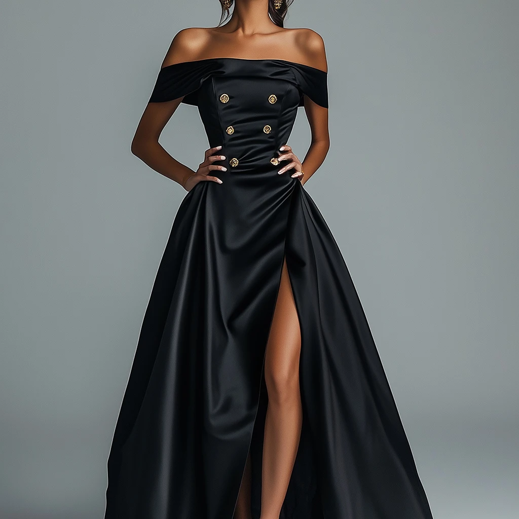 ชุดราตรีผ้าซาตินหรูหราแบบเปิดไหล่ ประดับหัวเข็มขัดทองคำสุดหรู ดีไซน์เอวสูง ชายกระโปรงผ่าข้าง ชุดเดรสยาวสำหรับงานพรอม