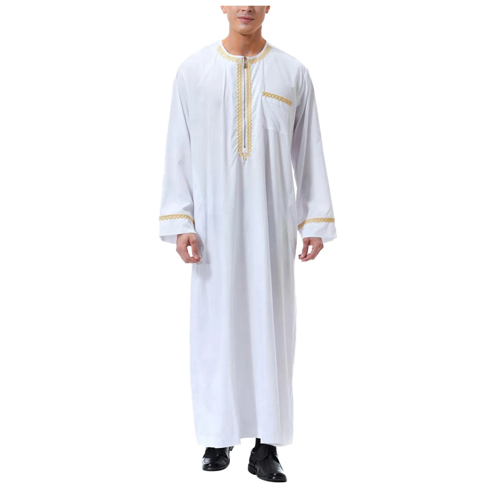 Abaya muçulmana para homens, roupas muçulmanas, vestido muçulmano, vestido de meio longo com bolso bordado