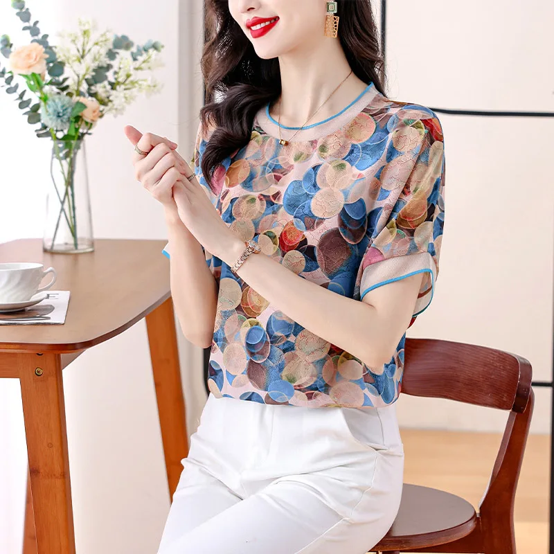 Women Fashion Elegant Polka Dot Print T-shirts Summer Casual Loose O-neck Short Sleeve Tops Office Lady All-match Chic Pullovers