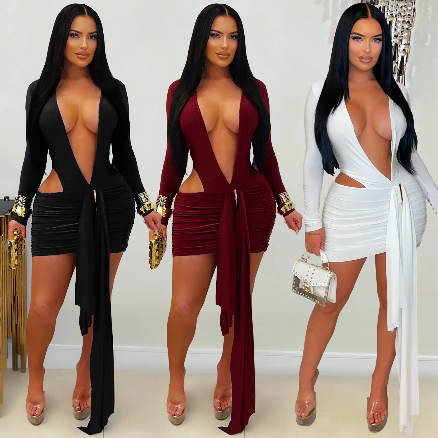 Mini abito dalla fasciatura sexy Abiti da sera da club 2025 Abiti da donna autunno inverno Abiti di lusso con scollo a V aderente Abito a pieghe da festa