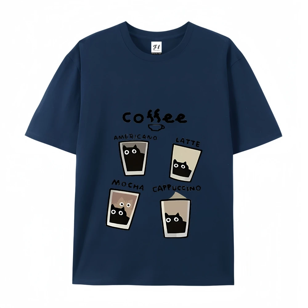 الشباب عارضة الشارع زوجين أعلى الصيف كريم القهوة القط طباعة المتضخم فضفاض تي شيرت المرأة الأمريكية قصيرة الأكمام للجنسين