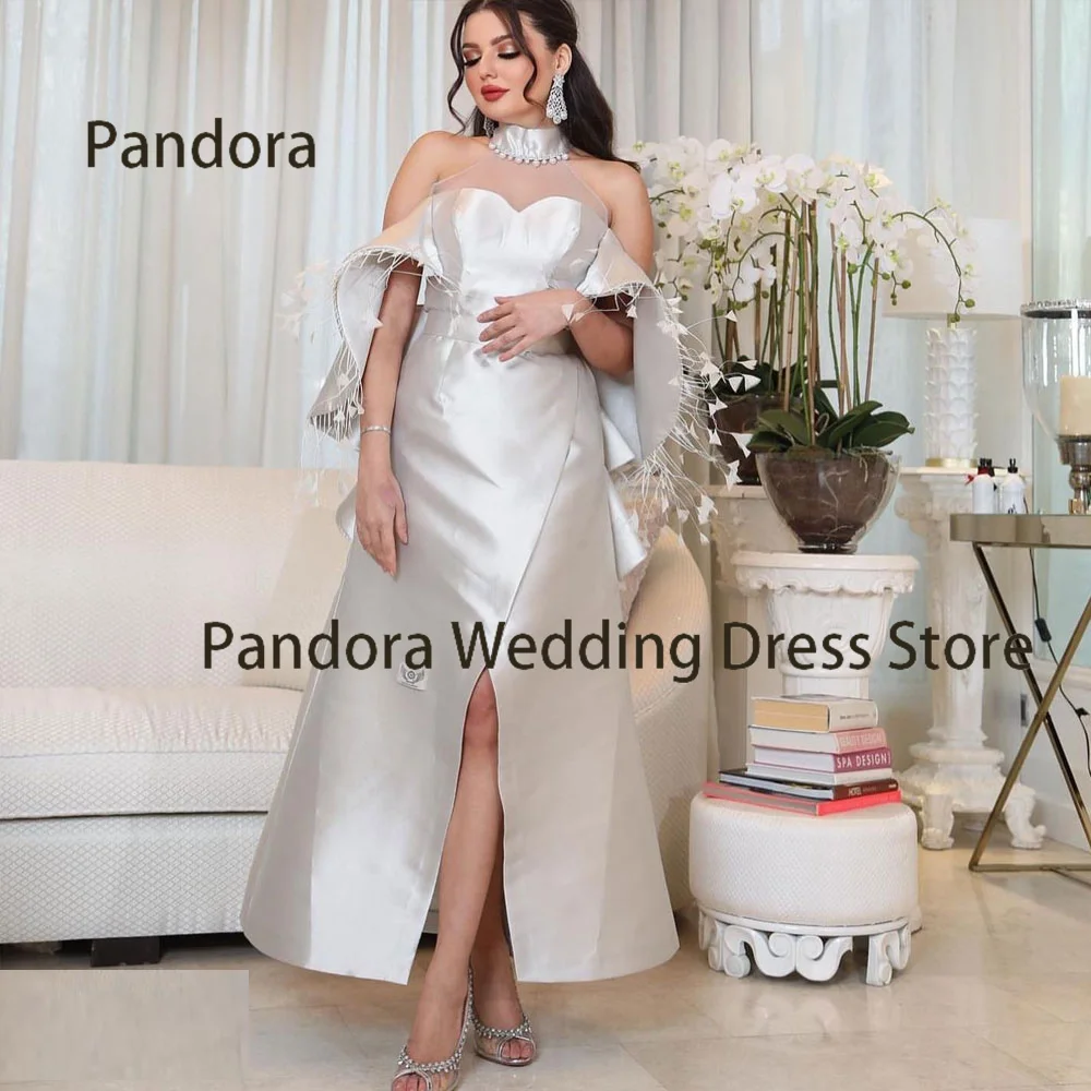 Pandora Elegant Women Long formal evening dress High neck half sleeve ankle-length feather A-line Wedding party Cocktail gown