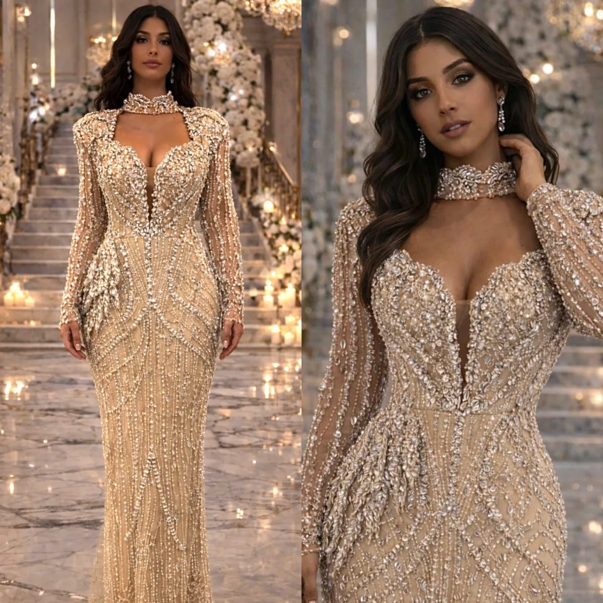 Luxuriöses Meerjungfrau-Abschlussballkleid mit O-Ausschnitt, Kristallperlen, Abendkleider, wunderschöne, langärmlige, bodenlange Partykleider, individuell gestaltet