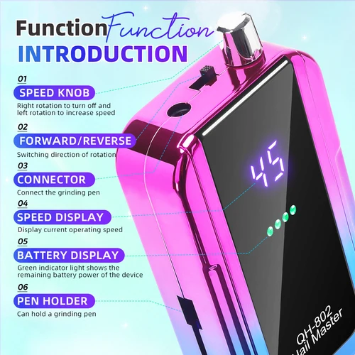 Imagen 2 del producto Taladro de uñas portátil eléctrico profesional de 45000RPM, lima lijadora de uñas recargable de poco ruido para herramienta de salón de manicura